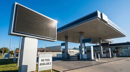 Obraz premium Fuel price board at empty gas station with no fuel available, modern architecture and clear blue sky in background. Concept of rising oil prices, energy market volatility, fuel cost increase