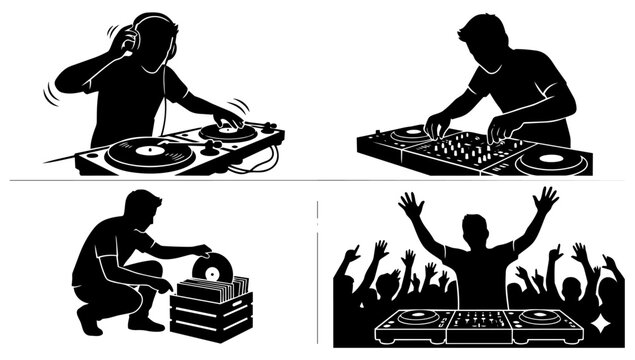 DJ performance and music mixing scenes illustrated in dynamic silhouette line illustration style for nightlife visuals entertainment events and sound production reference