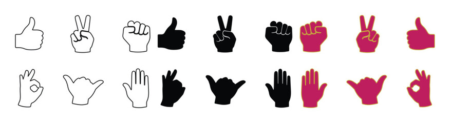 Obraz premium Minimalist hand gesture icons set, 18 vector hand signs in outline and silhouette styles, black and pink human hand symbols for communication