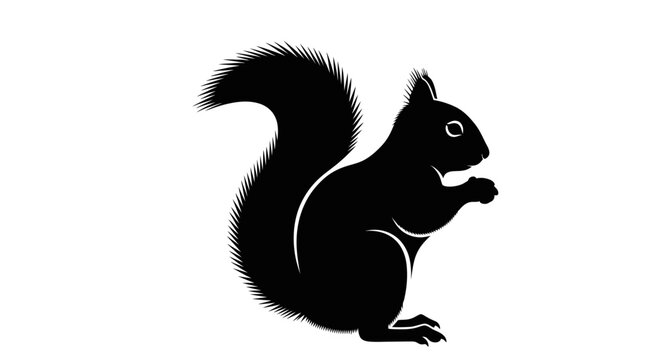 Solid Black Squirrel Silhouette Standing, Isolated White Background