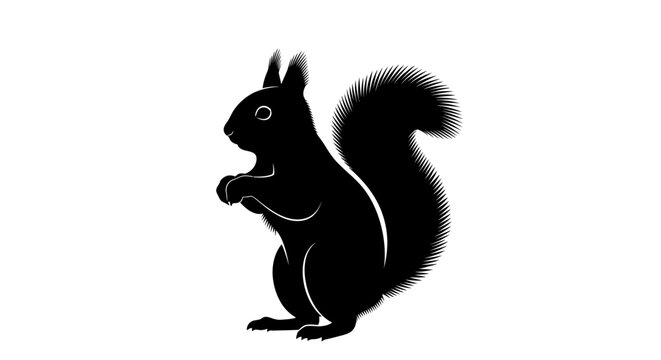 A cute fluffy brown squirrel with a large tail sits on a white background eating a small nut in this funny wildlife animal portrait