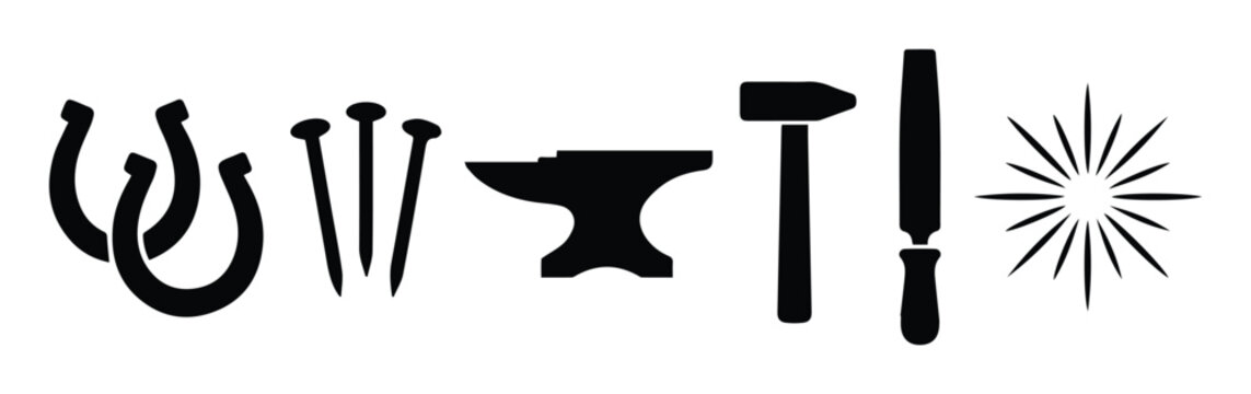 Blacksmith tools silhouette vector set, vintage forge equipment icons, horseshoe and anvil metalwork symbols, industrial craft workshop elements