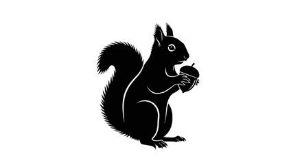 Fototapeta premium A cute cartoon vector illustration of a funny wild squirrel with a nut and a long tail designed as a black silhouette rodent icon isolated on a white background
