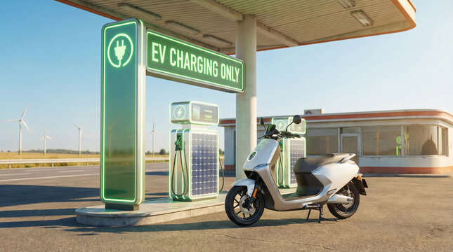 Electric scooter parked at an EV charging station with solar panels and wind turbines in the background, for renewable energy and sustainability content, electric mobility and EV infrastructure visual