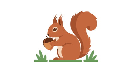 A cute cartoon red squirrel holding an acorn while standing on green grass with a white background. © AHMAD KHOIRI
