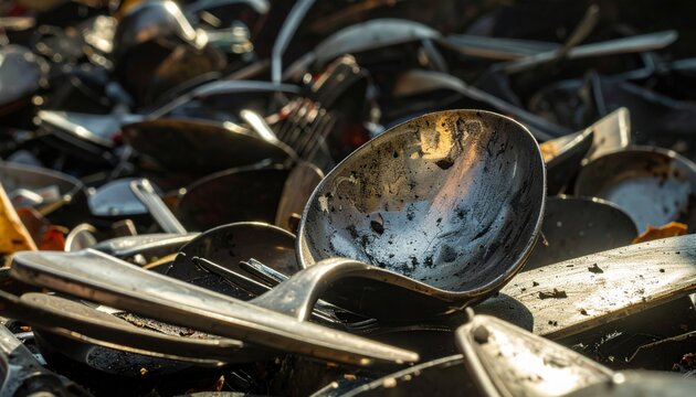 A pile of bent and worn metal eating utensils, including spoons and forks, showing signs of extensive use and damage, symbolizing waste and the end of their functional life.