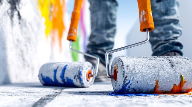 Creative Painting Action with Large Paint Rollers for Artistic Home Decor