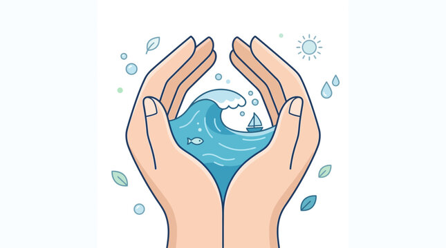 A clean flat design illustration showing two hands protectively cupping a gentle ocean wave, representing human care and stewardship for marine environments.