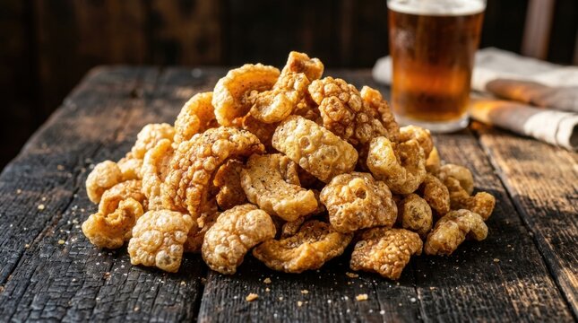 Golden Piled Pork Cracklings with a Refreshing Beer in the Background