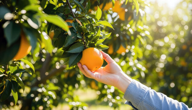 A  hand picks a ripe orange from a sunlit orchard tree. Fresh citrus, seasonal harvest and natural farming concept. 
