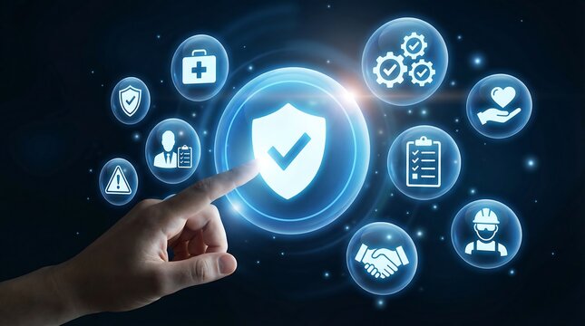 A hand touches a bright glowing shield with a checkmark, surrounded by various safety and compliance icons on a dark digital background, symbolizing overall digital protection.