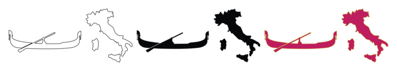 Italian travel icons set, gondola boat and Italy map silhouettes, black and red vector graphics for tourism and vacation design © Farah-Studio