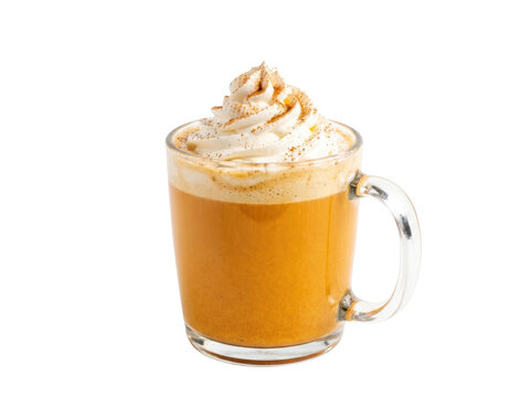 Warm pumpkin spice latte topped with whipped cream and cinnamon in a glass mug hot chocolate tea latte cinnamon beverage seasonal