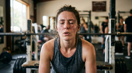 Fototapeta premium Sweaty exhausted woman resting after a workout session at a gym, suitable for fitness and health promotion