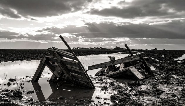 Deformed wooden pallets broken and scattered in a muddy, waterlogged landscape under dramatic skies