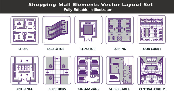 Commercial mall design vector icons set, top view layout symbols, shops, escalators, elevators, food court, cinema, corridors, CAD plan