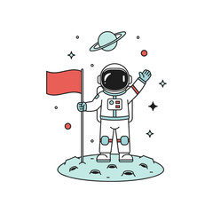 Cartoon astronaut waving on a planet surface with flag and saturn keywords: astronaut, space © ABIR-STOCK