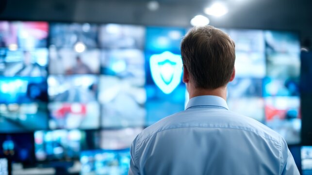 Agency Director Overseeing Multiple Surveillance Screens in Control Room