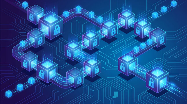 Futuristic blockchain technology concept with glowing blue cubes, secure padlocks, and digital circuits, isolated on transparent background.