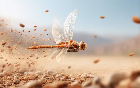 Dragonfly in Flight Surrounded by Dust Particles in Air Over Ground Surface