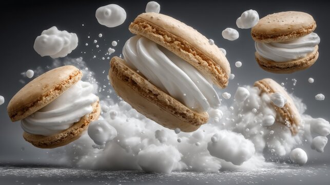 Macarons in Midair with Creamy Filling and Whipped Texture on a Dark Background