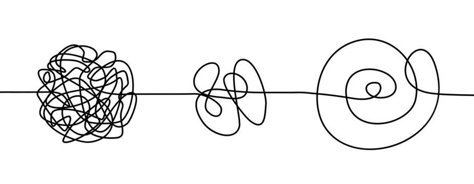 Transition from chaos to order, a problem in the form of tangled tangle that gradually unravels into a harmonious line, simplifying complex process, untangled problem