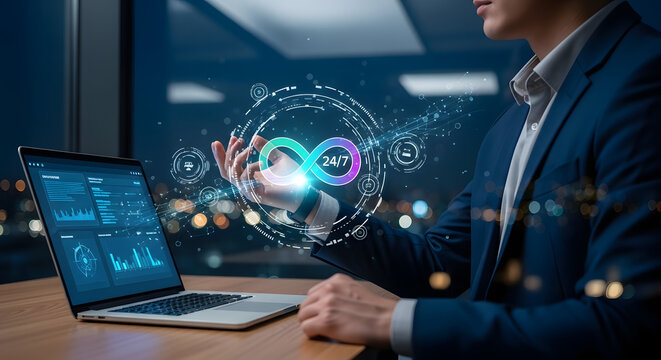 Businessman displays infinity symbol with 24/7 availability and digital data on laptop screen