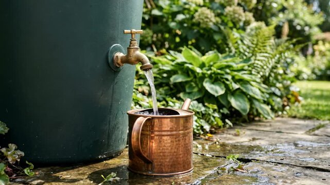 copper watering can filling from garden tap in sunny green backyard setting