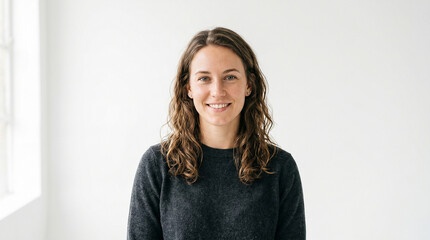 Obraz premium A photograph of a smiling woman with wavy brown hair, wearing a dark gray sweater, standing against a plain white background.