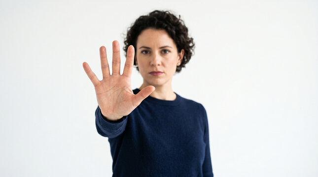 A photograph of a woman with short, curly dark hair, wearing a navy blue sweater, extending her right hand with an open palm towards the camera, against a plain white background.