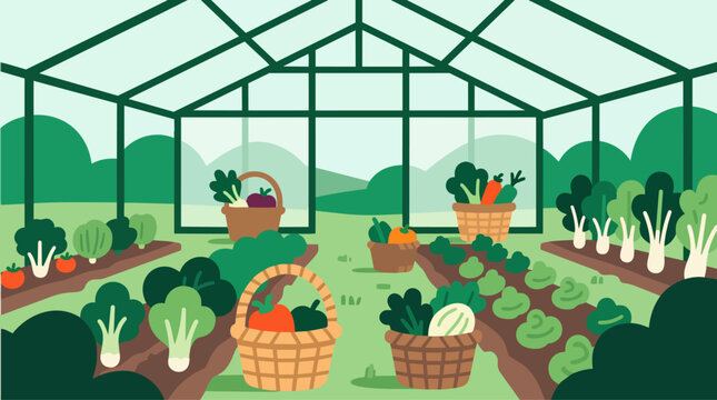 Greenhouse Vegetable Harvest Scene With Crop Rows and Baskets