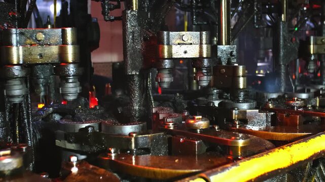 Glass factory, production of glass containers. Molten glass is blown into molds. Robotics in industry. Modern technologies, robotic machines produce products. Technological work at the plant.