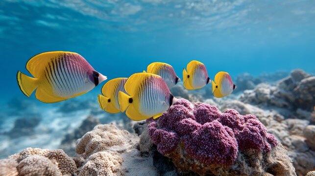 Vibrant threadfin butterflyfish navigating coral reef landscape with elegant swimming motions, revealing marine ecosystem's rich colors and delicate underwater choreography