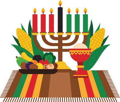 Kwanzaa Celebration with Kinara, Candles, Fruits, and Corn.