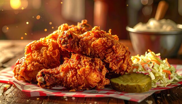 Crispy golden fried chicken pieces served with creamy coleslaw and a pickle slice on a red checkered napkin.