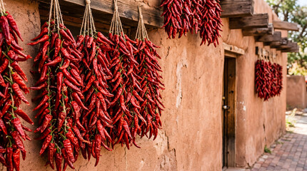 Naklejka premium Red chili ristras drying on adobe wall in new mexico