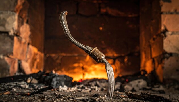 A deeply bent and worn metal fork with a smooth handle, standing upright amidst glowing embers and ashes in a rustic fireplace.
