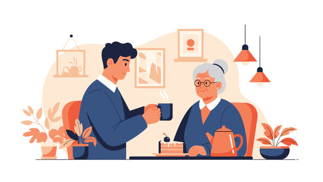 Kind young man serving a cup of tea to an elderly woman at a table with a slice of cake, showcasing care and intergenerational respect.