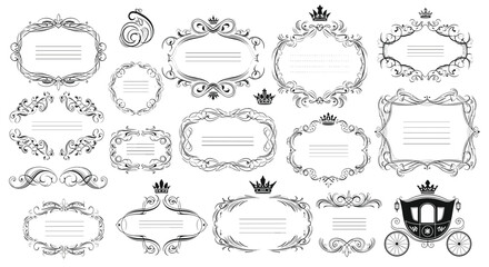 Naklejka premium Set of ornate vintage frames, flourishes, and a classical carriage illustration for fairy tale and antique wedding invitation designs.