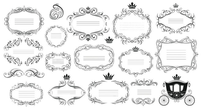 Set of ornate vintage frames, flourishes, and a classical carriage illustration for fairy tale and antique wedding invitation designs.