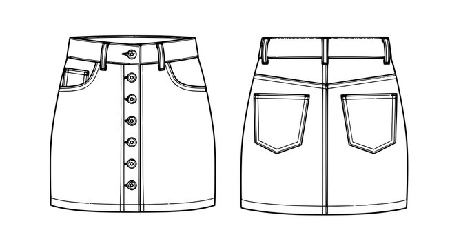 Womens buttoned mini denim skirt technical drawing front and back pockets beige fashion flat vector illustration