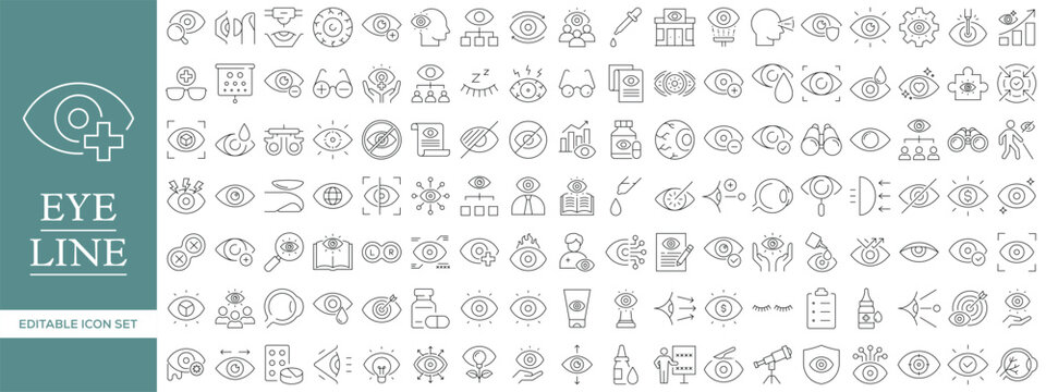 Eye Care and Vision Line Icon Set with Ophthalmology, Optometry, Eye Test, Vision Protection, Medical Eye, UI Visibility and Security Editable Vector Outline Symbols