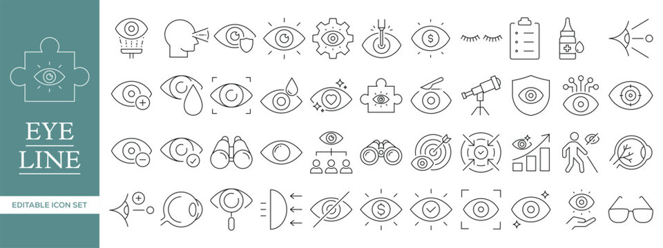 Eye Care and Vision Line Icon Set with Ophthalmology, Optometry, Eye Test, Vision Protection, Medical Eye, UI Visibility and Security Editable Vector Outline Symbols