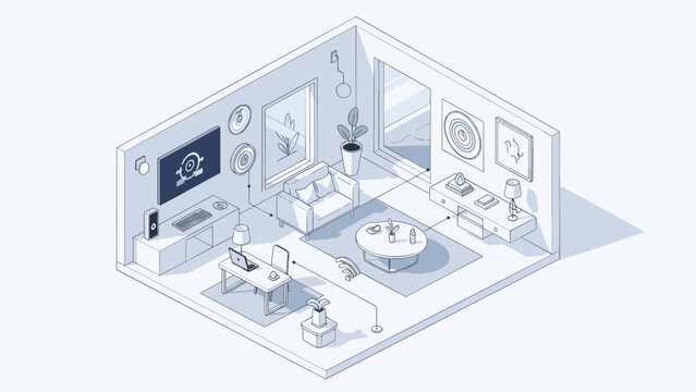 Modern smart home interior design showing a detailed living room layout with connected digital devices and furniture in an isometric perspective.