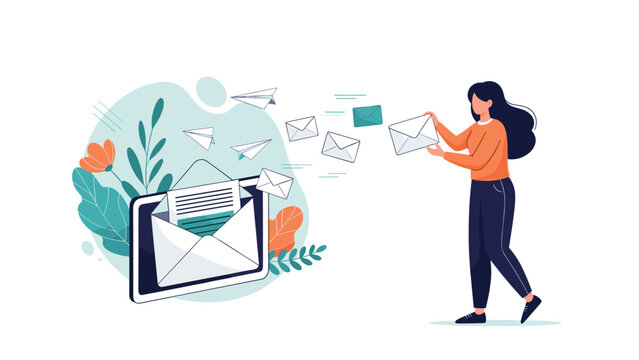 Young woman sending multiple digital emails represented as paper planes and envelopes from the screen of a large modern tablet device interface.