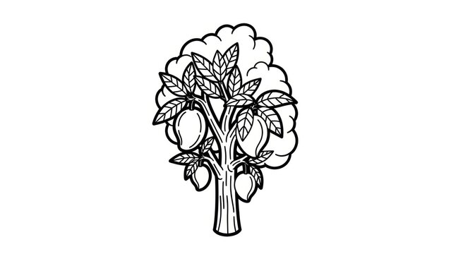 Black and white illustration of a mango tree with ripe fruits