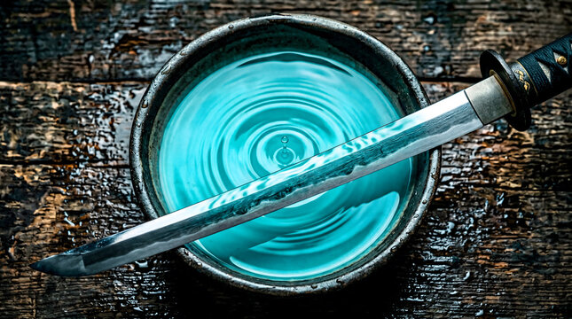 Katana sword resting on bowl with rippling water