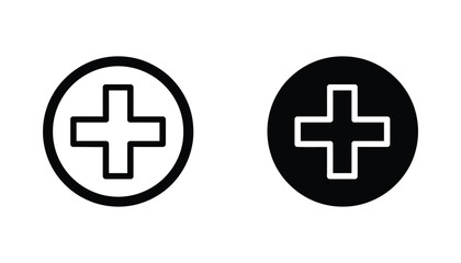 Fototapeta premium Medical plus sign icon set for hospital and healthcare services in simple circular line art and solid black glyph vector format for health apps and medical websites