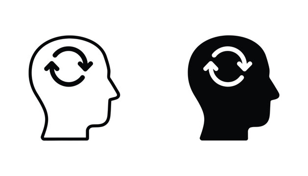 Mental health and cognitive processing icon set featuring human head profile with circular refresh arrow in line art and solid black glyph design for psychology and brain health