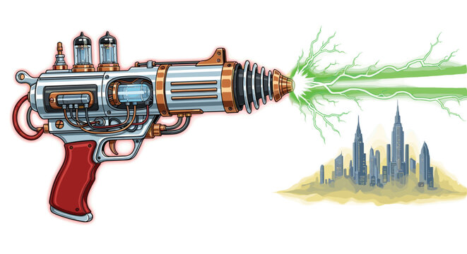 Detailed retro-futuristic ray gun with vacuum tubes and copper accents fires a vibrant green electrical beam at a distant city skyline on white background.
